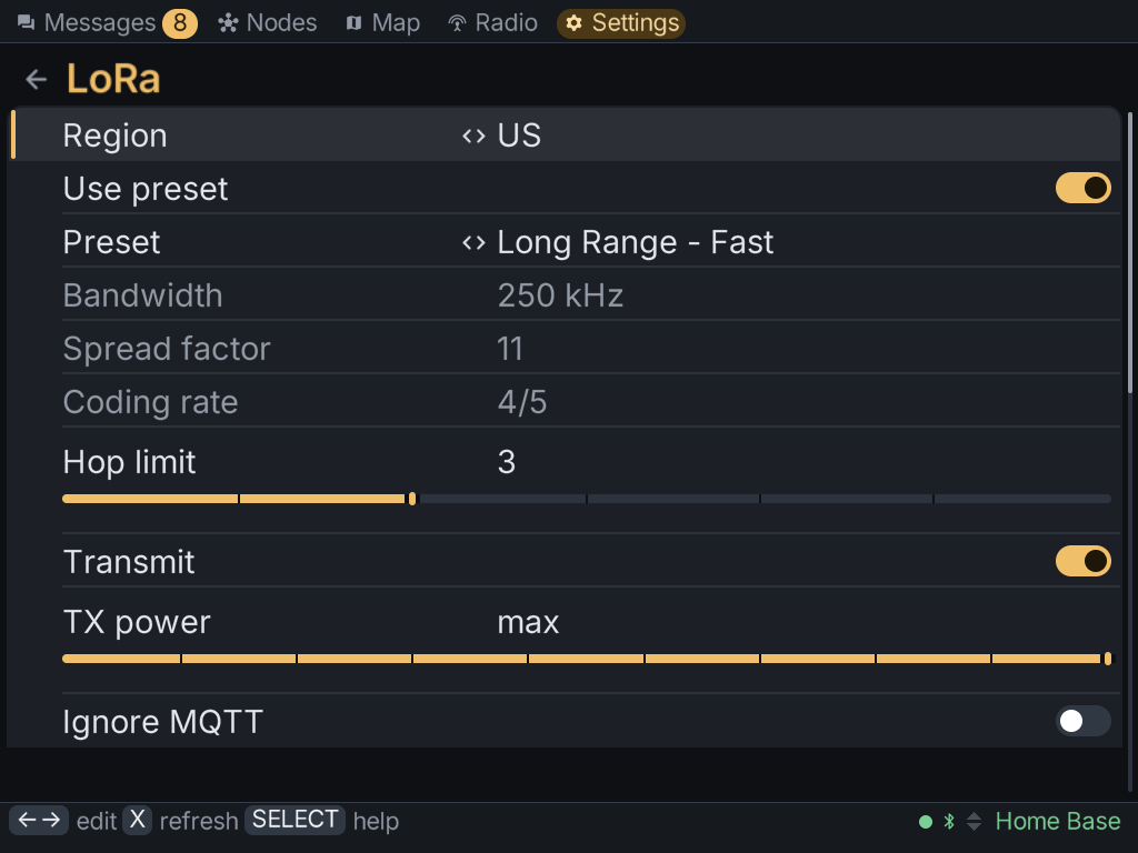 The LoRa settings section
