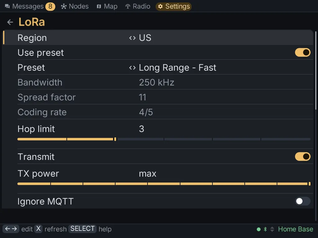 The LoRa section in Settings