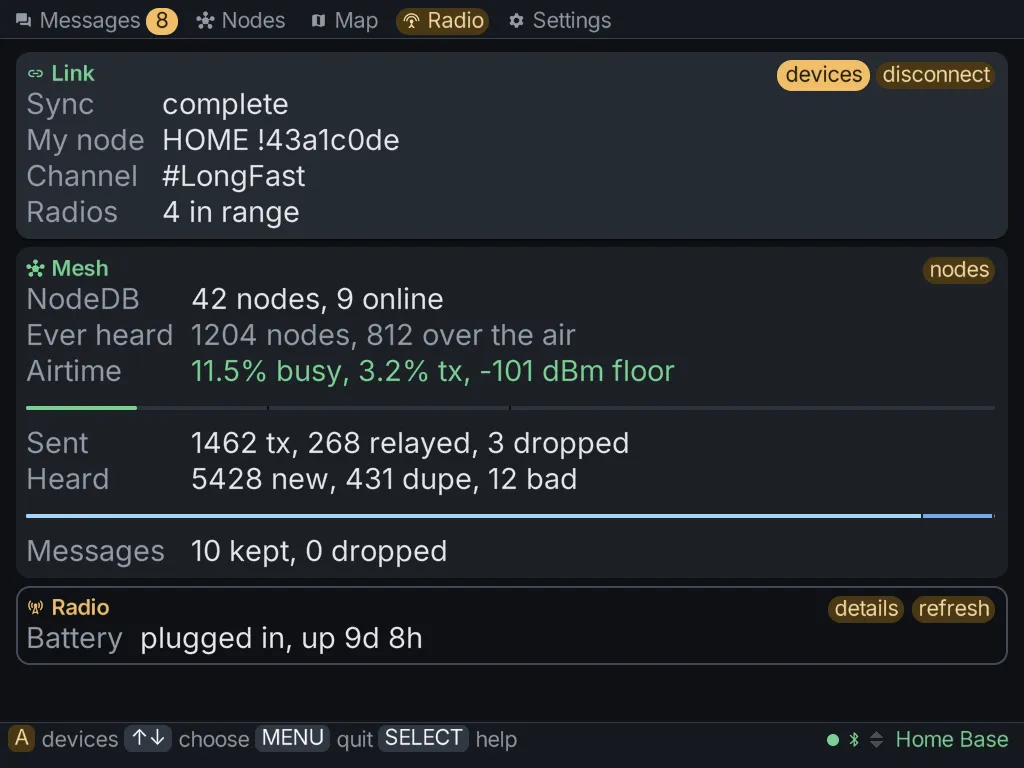 The Radio tab: the link, mesh and radio cards