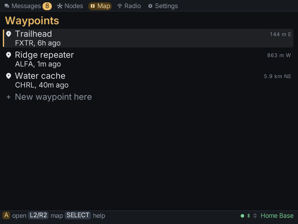 The waypoint list, with the distance and bearing to each shared place